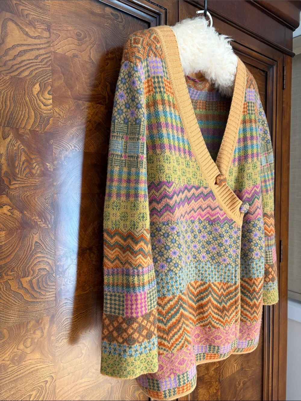 IVKO Extrafine Lambswool Patchwork Cardigan Wrap Sweater Boho MultiColor M Flaws